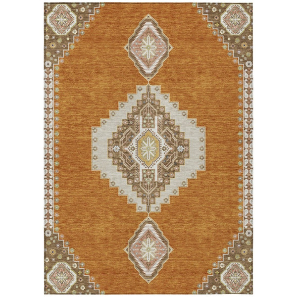 HomeRoots 5' Timeless Copper Brown and Ivory Oriental Washable Indoor-Outdoor Area Rug for High Traffic Zones 5' X 8' 598395