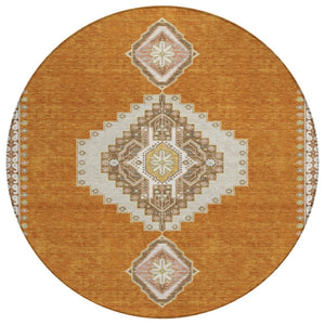 HomeRoots 5' Timeless Copper Brown and Ivory Oriental Washable Indoor-Outdoor Area Rug for High Traffic Zones 8' Round 598396