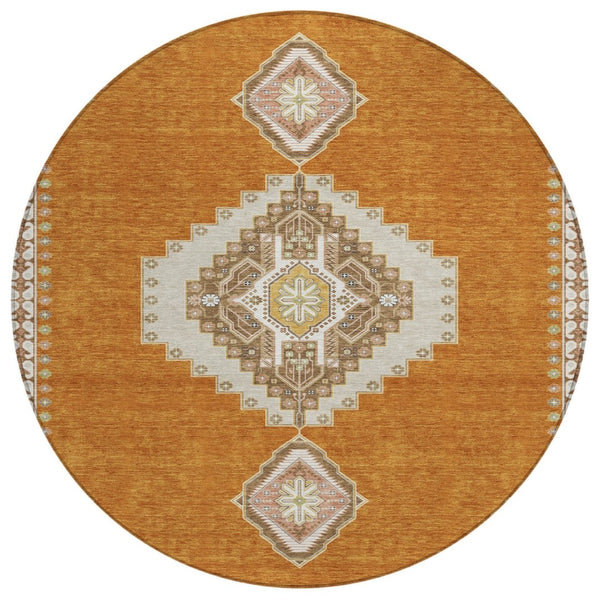 HomeRoots 5' Timeless Copper Brown and Ivory Oriental Washable Indoor-Outdoor Area Rug for High Traffic Zones 8' Round 598396