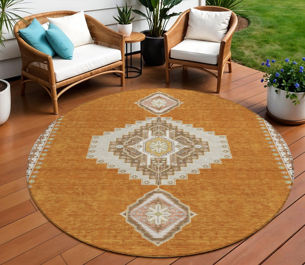 Homeroots 3' Black Gold And Gray Oriental Rug - Stylish Washable Indoor Outdoor Area Rug For Any Space 8' Round Polyester 598396