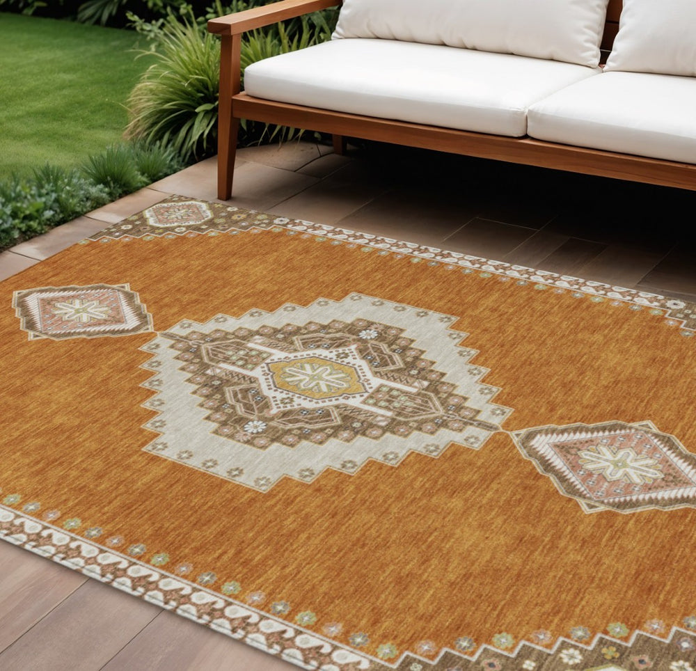 HomeRoots 9' Copper Brown and Ivory Oriental Area Rug - Washable, Durable, Stylish for Indoor & Outdoor Use 598398