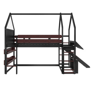 English Elm Full Size Pine Loft Bed House Frame with Slide Bookshelves and Moon Star Rails W1580S00314