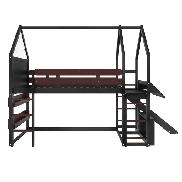 English Elm Full Size Pine Loft Bed House Frame with Slide Bookshelves and Moon Star Rails W1580S00314