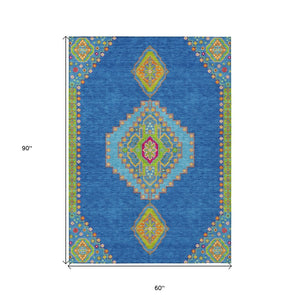 HomeRoots 5' Durable Denim Blue Oriental Area Rug – Stylish, Washable & Perfect for Indoor/Outdoor Use 5' X 8' 598401