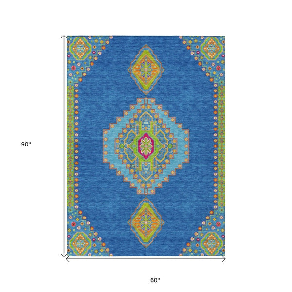 HomeRoots 5' Durable Denim Blue Oriental Area Rug – Stylish, Washable & Perfect for Indoor/Outdoor Use 5' X 8' 598401