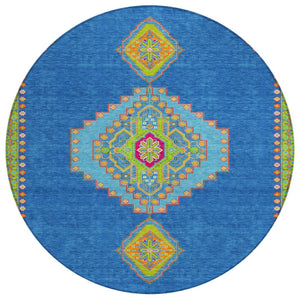 HomeRoots 5' Durable Denim Blue Oriental Area Rug – Stylish, Washable & Perfect for Indoor/Outdoor Use 8' Round 598402