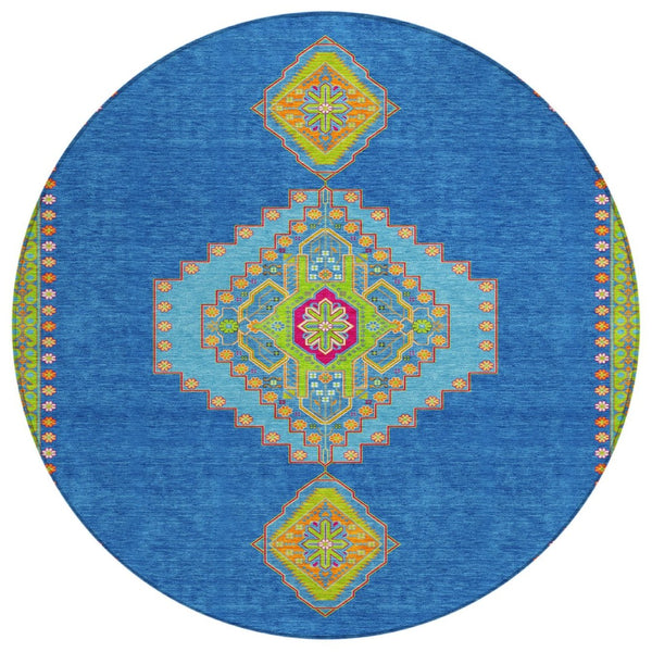 HomeRoots 5' Durable Denim Blue Oriental Area Rug – Stylish, Washable & Perfect for Indoor/Outdoor Use 8' Round 598402