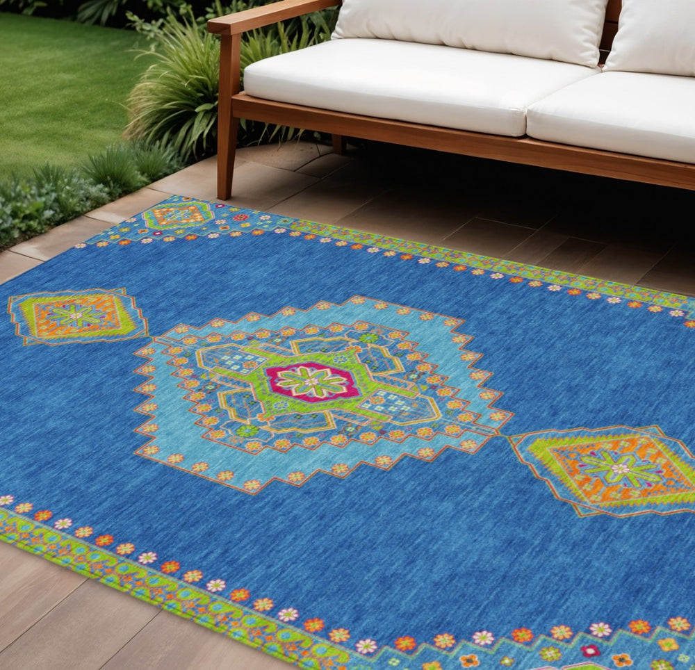 HomeRoots 9' Indoor Outdoor Area Rug in Denim Blue, Red, and Green - Stain-Resistant, Washable, Durable Design 598404