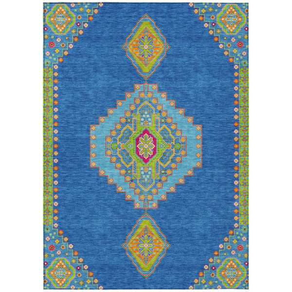 HomeRoots 9' Indoor Outdoor Area Rug in Denim Blue, Red, and Green - Stain-Resistant, Washable, Durable Design 598404