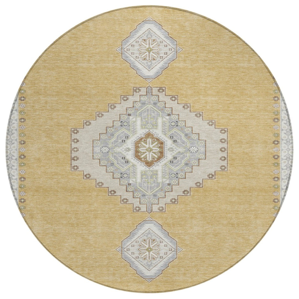HomeRoots 5' Timeless Gold Gray Ivory Oriental Indoor Outdoor Area Rug - Durable, Washable, Stylish Design 8' Round 598408