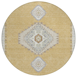 HomeRoots 5' Timeless Gold Gray Ivory Oriental Indoor Outdoor Area Rug - Durable, Washable, Stylish Design 8' Round 598408
