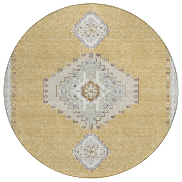 HomeRoots 5' Timeless Gold Gray Ivory Oriental Indoor Outdoor Area Rug - Durable, Washable, Stylish Design 8' Round 598408