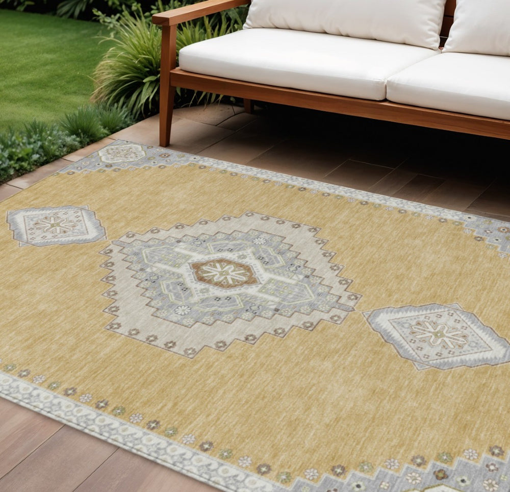 HomeRoots 9' Gold, Gray, and Ivory Washable Oriental Area Rug for Indoor & Outdoor Use - Durable & Stylish! 598410