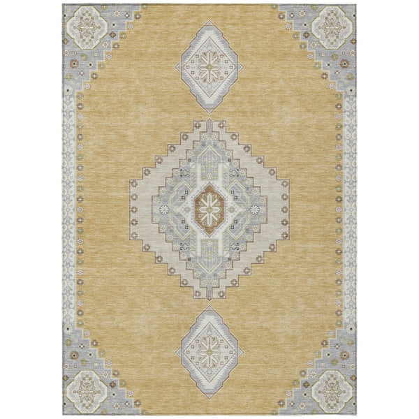 HomeRoots 5' Timeless Gold Gray Ivory Oriental Indoor Outdoor Area Rug - Durable, Washable, Stylish Design 10' X 14' 598411