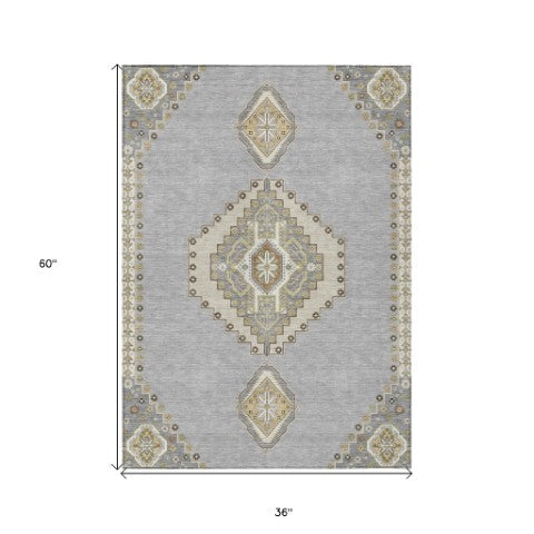 Homeroots 3' Black Gold And Gray Oriental Rug - Stylish Washable Indoor Outdoor Area Rug For Any Space 3' X 5' Polyester 598412