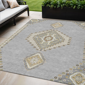 Homeroots 3' Black Gold And Gray Oriental Rug - Stylish Washable Indoor Outdoor Area Rug For Any Space 5' X 8' Polyester 598413