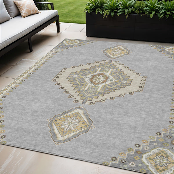 Homeroots 3' Black Gold And Gray Oriental Rug - Stylish Washable Indoor Outdoor Area Rug For Any Space 5' X 8' Polyester 598413