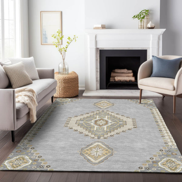 Homeroots 3' Black Gold And Gray Oriental Rug - Stylish Washable Indoor Outdoor Area Rug For Any Space 5' X 8' Polyester 598413