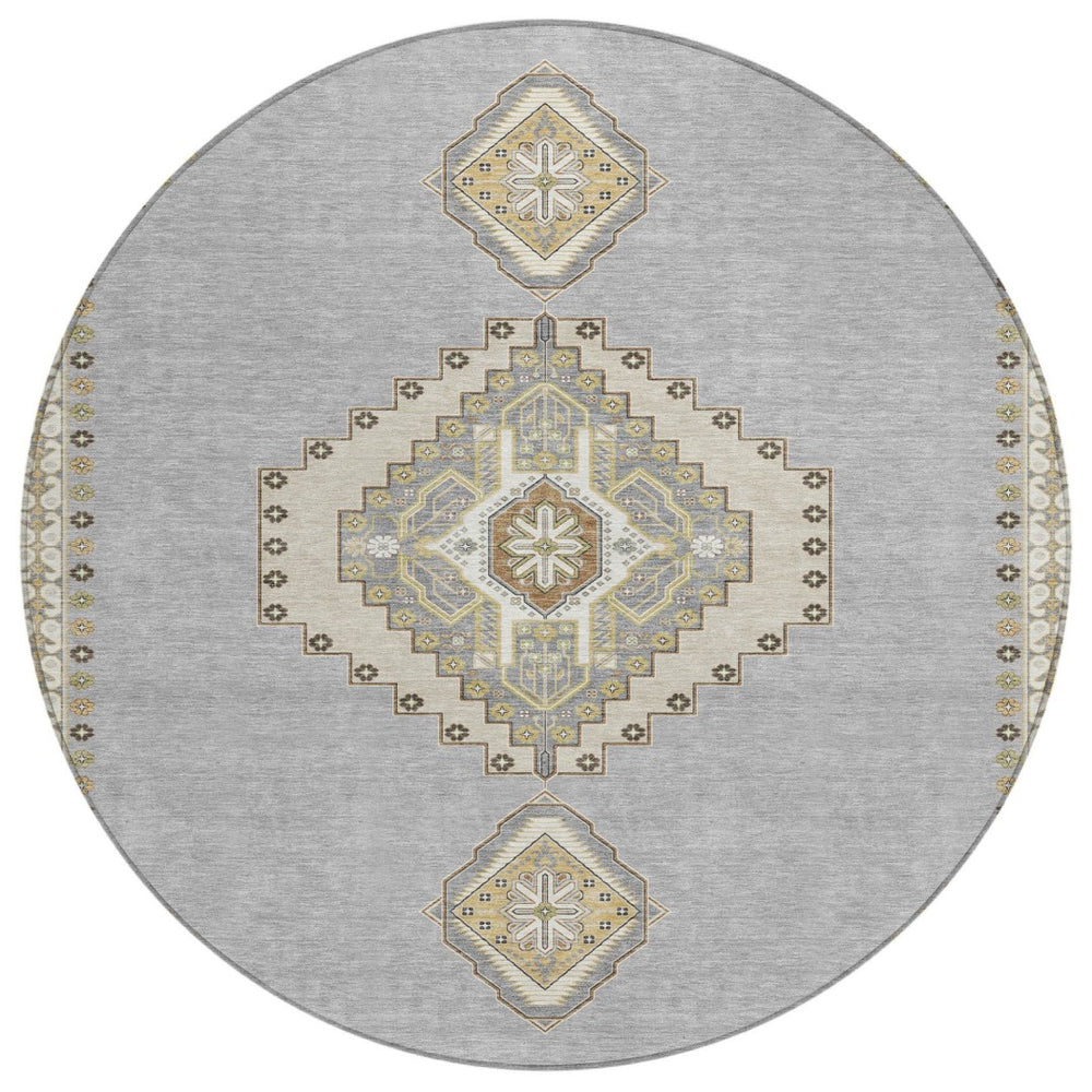 HomeRoots 5' Timeless Gray Beige Ivory Oriental Area Rug - Durable, Washable Design for Indoor & Outdoor Use 8' Round 598414