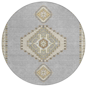 HomeRoots 5' Timeless Gray Beige Ivory Oriental Area Rug - Durable, Washable Design for Indoor & Outdoor Use 8' Round 598414