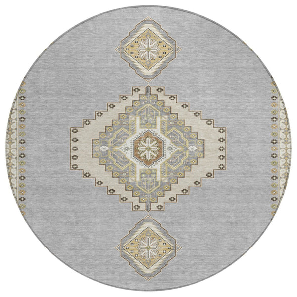 HomeRoots 5' Timeless Gray Beige Ivory Oriental Area Rug - Durable, Washable Design for Indoor & Outdoor Use 8' Round 598414