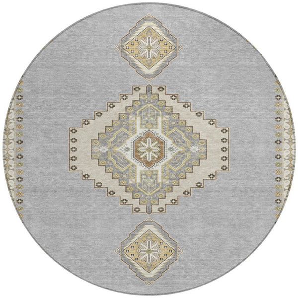 Homeroots 3' Black Gold And Gray Oriental Rug - Stylish Washable Indoor Outdoor Area Rug For Any Space 8' Round Polyester 598414