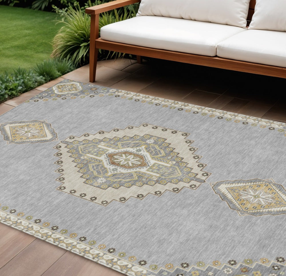 HomeRoots 9' Elegant Gray Beige and Ivory Oriental Washable Area Rug for Indoor & Outdoor Spaces - Durable Decor 598416