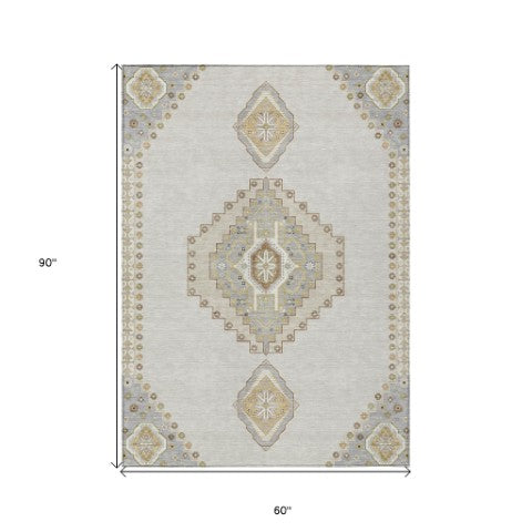 Homeroots 3' Black Gold And Gray Oriental Rug - Stylish Washable Indoor Outdoor Area Rug For Any Space 5' X 8' Polyester 598419