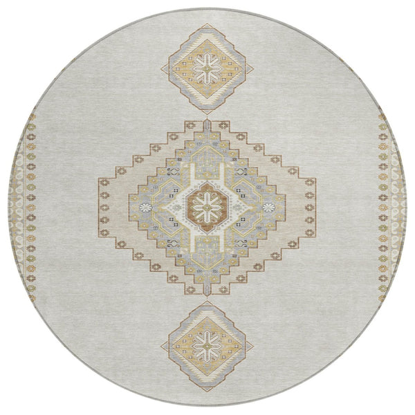 HomeRoots 5' Timeless Elegant Ivory Gray Brown Oriental Washable Indoor Outdoor Area Rug for Versatile Spaces 8' Round 598420