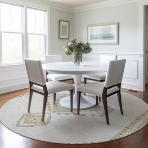 Homeroots 3' Black Gold And Gray Oriental Rug - Stylish Washable Indoor Outdoor Area Rug For Any Space 8' Round Polyester 598420