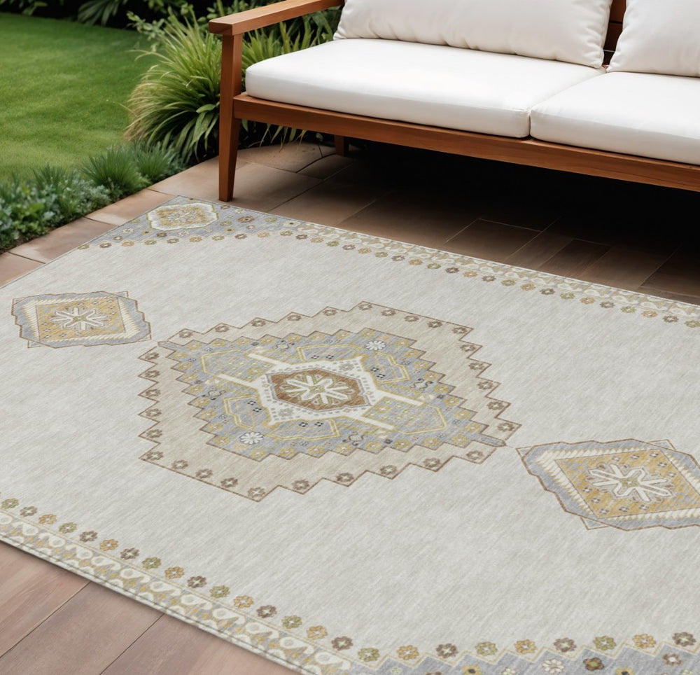 HomeRoots 5' Timeless Elegant Ivory Gray Brown Oriental Washable Indoor Outdoor Area Rug for Versatile Spaces 10' X 14' 598423