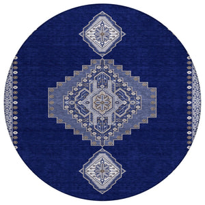 HomeRoots 5' Timeless Navy Blue Gray Brown Oriental Washable Area Rug for Stylish Indoor & Outdoor Spaces 8' Round 598426