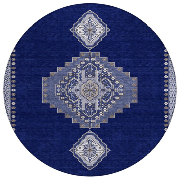 HomeRoots 5' Timeless Navy Blue Gray Brown Oriental Washable Area Rug for Stylish Indoor & Outdoor Spaces 8' Round 598426