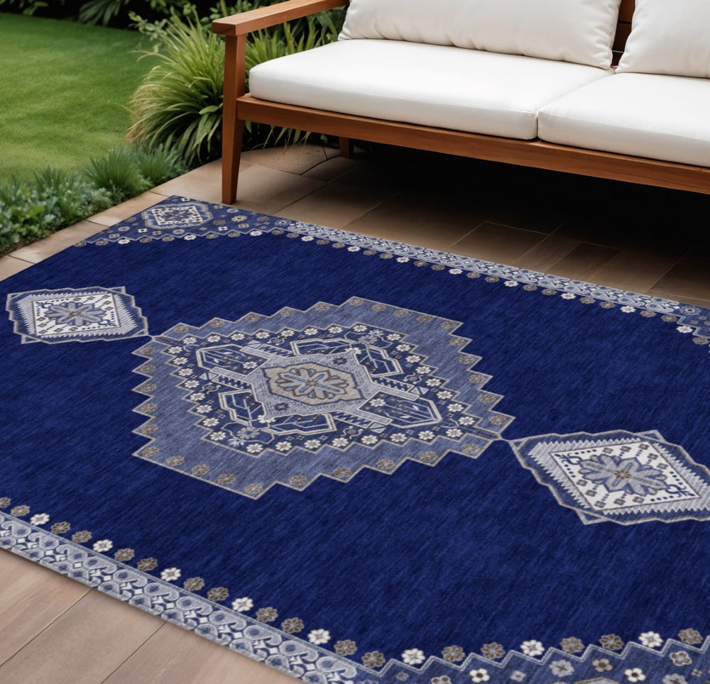 HomeRoots 9' Washable Navy Blue, Gray & Brown Oriental Area Rug – Durable Indoor/Outdoor Design for Every Space 598428
