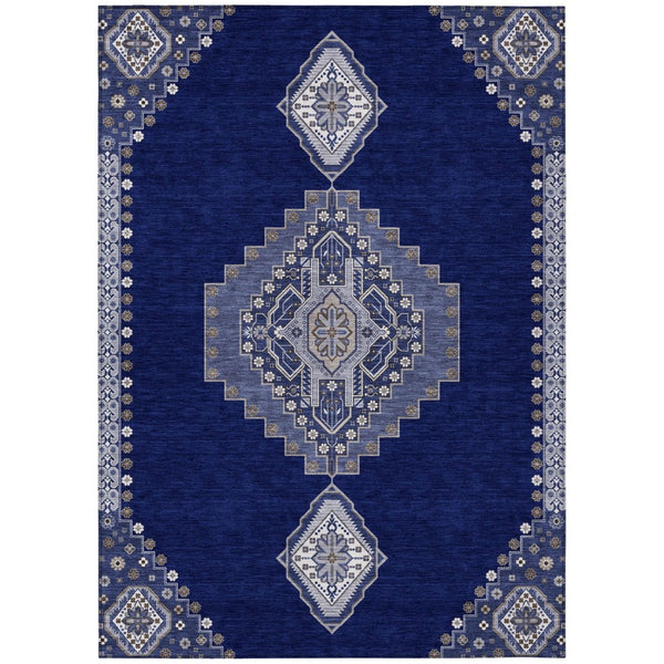 HomeRoots 9' Washable Navy Blue, Gray & Brown Oriental Area Rug – Durable Indoor/Outdoor Design for Every Space 598428