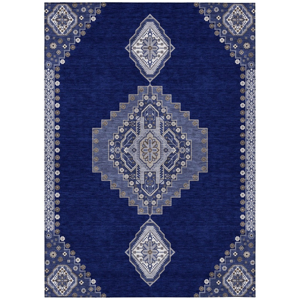 HomeRoots 5' Timeless Navy Blue Gray Brown Oriental Washable Area Rug for Stylish Indoor & Outdoor Spaces 10' X 14' 598429
