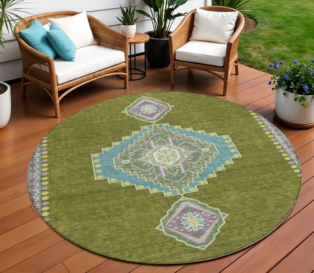 HomeRoots 5' Elegant Olive Green Pink Ivory Oriental Washable Area Rug for Indoor Outdoor Versatile Use 8' Round 598432
