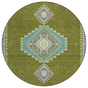 HomeRoots 5' Elegant Olive Green Pink Ivory Oriental Washable Area Rug for Indoor Outdoor Versatile Use 8' Round 598432