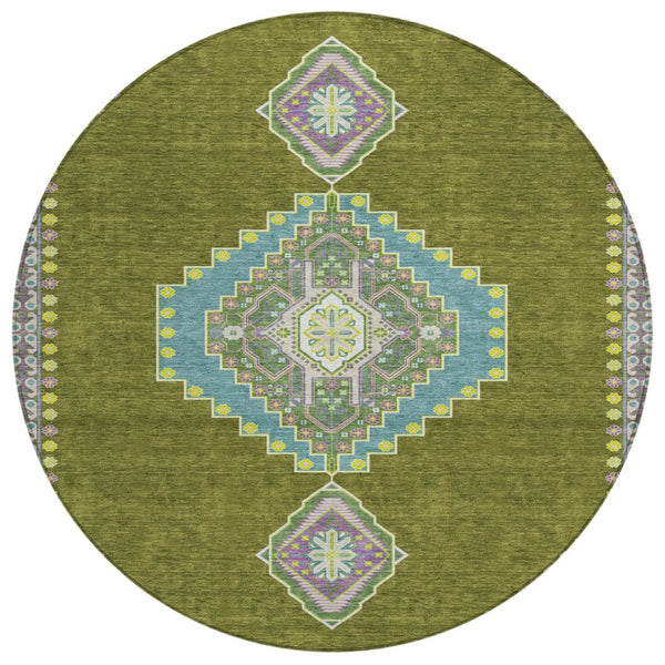 HomeRoots 5' Elegant Olive Green Pink Ivory Oriental Washable Area Rug for Indoor Outdoor Versatile Use 8' Round 598432