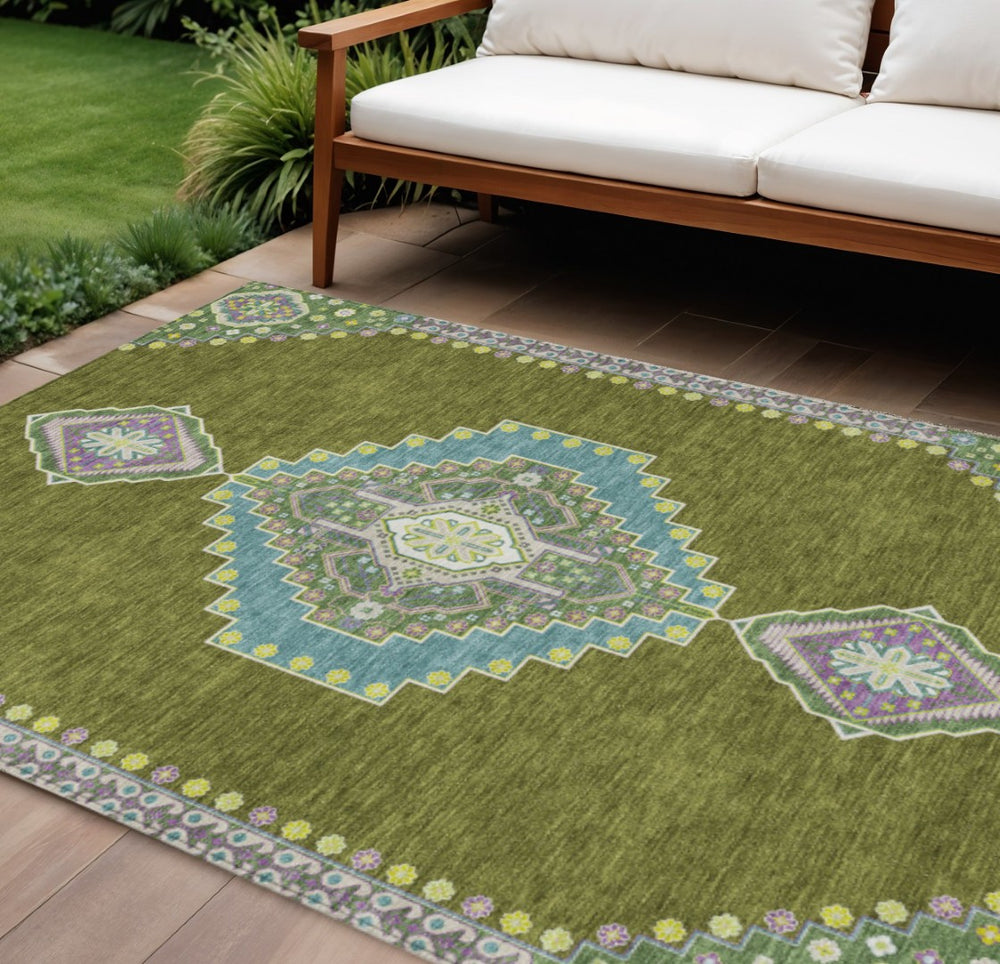 HomeRoots 9' X 12' Washable Olive Green Pink Ivory Oriental Area Rug - Durable, Stylish for Indoor & Outdoor Use 598434