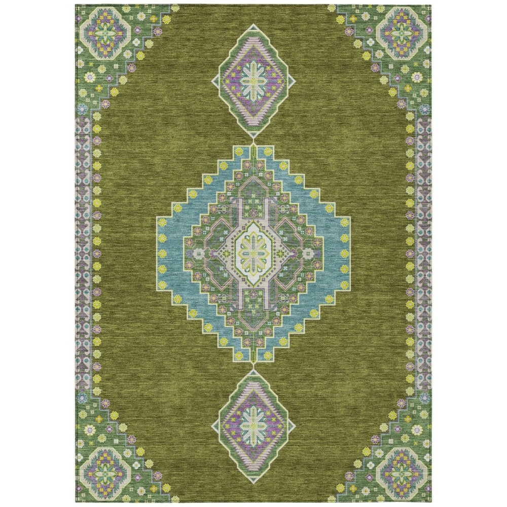 HomeRoots 9' X 12' Washable Olive Green Pink Ivory Oriental Area Rug - Durable, Stylish for Indoor & Outdoor Use 598434