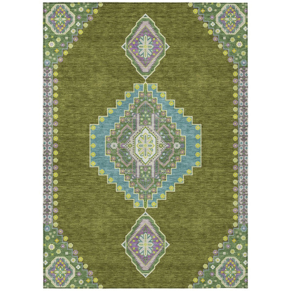 HomeRoots 9' X 12' Washable Olive Green Pink Ivory Oriental Area Rug - Durable, Stylish for Indoor & Outdoor Use 598434
