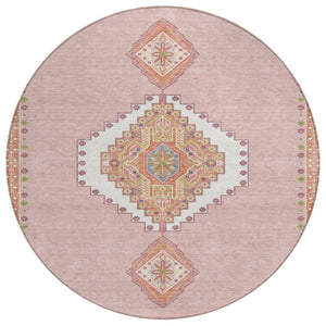HomeRoots 5' Stylish Pink Green and Ivory Oriental Washable Rug for Indoor and Outdoor Spaces – Durable & Chic 8' Round 598438