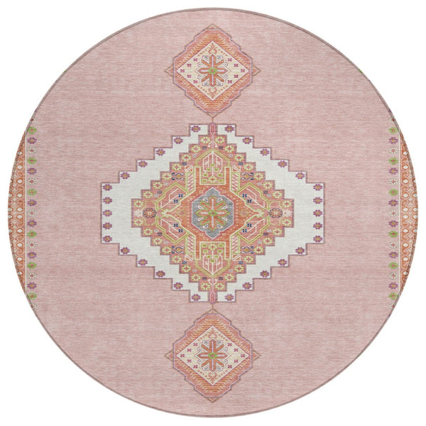 HomeRoots 5' Stylish Pink Green and Ivory Oriental Washable Rug for Indoor and Outdoor Spaces – Durable & Chic 8' Round 598438