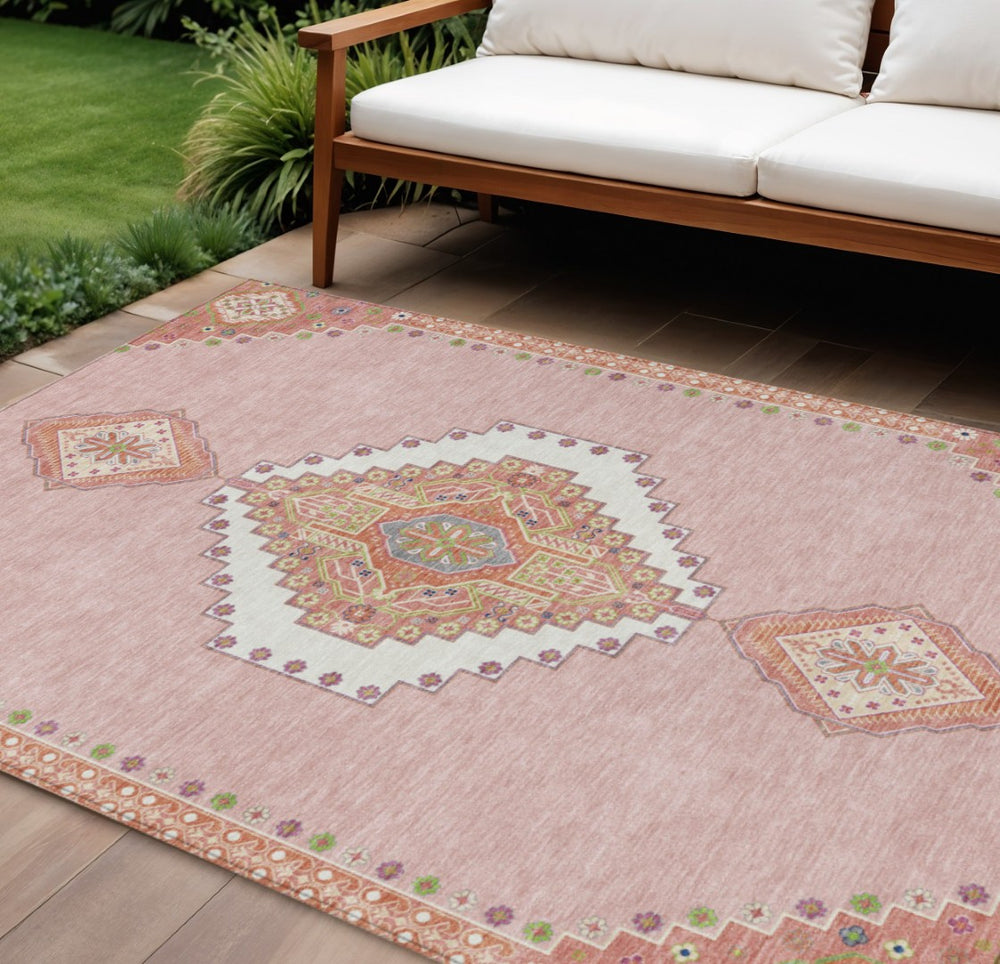 HomeRoots 5' Stylish Pink Green and Ivory Oriental Washable Rug for Indoor and Outdoor Spaces – Durable & Chic 10' X 14' 598441