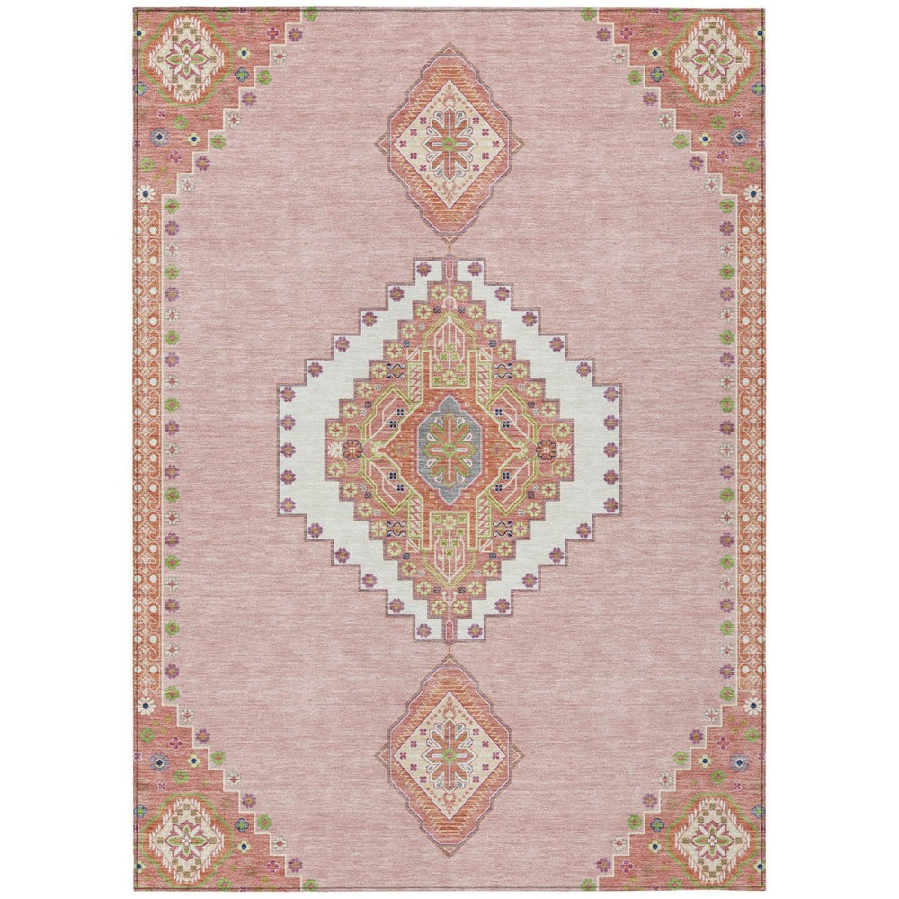HomeRoots 5' Stylish Pink Green and Ivory Oriental Washable Rug for Indoor and Outdoor Spaces – Durable & Chic 10' X 14' 598441