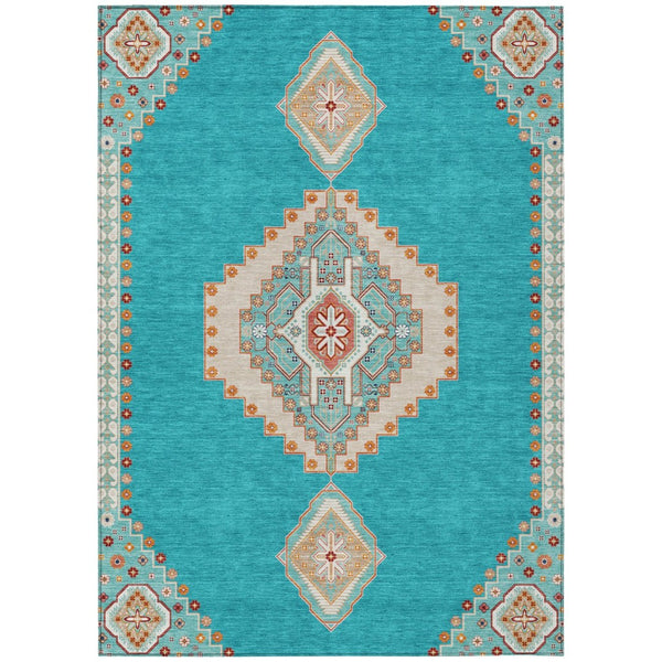 HomeRoots 5' Elegant Teal Blue Brown Ivory Oriental Area Rug - Durable, Washable, Perfect for Indoor & Outdoor Spaces 5' X 8' 598443