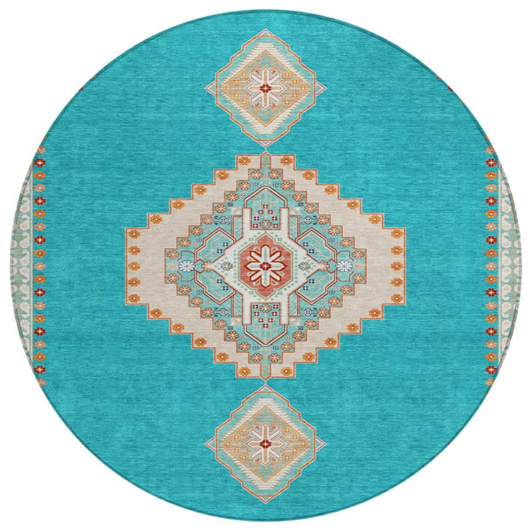 HomeRoots 5' Elegant Teal Blue Brown Ivory Oriental Area Rug - Durable, Washable, Perfect for Indoor & Outdoor Spaces 8' Round 598444
