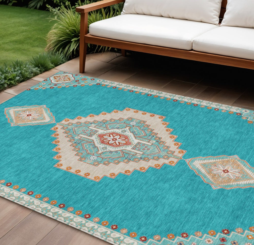 HomeRoots 9' Teal Blue Brown Ivory Oriental Washable Area Rug - Durable Indoor/Outdoor Design for Any Space 598446
