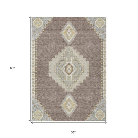 Homeroots 3' Black Gold And Gray Oriental Rug - Stylish Washable Indoor Outdoor Area Rug For Any Space 3' X 5' Polyester 598448